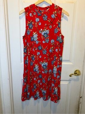 LOFT Red Sleeveless Floral Swing Dress